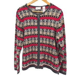 Meg Allen Liz‎ Claiborne Zip Up Cardigan Sweater Fair Isle Sz 12/14 Holiday Cozy